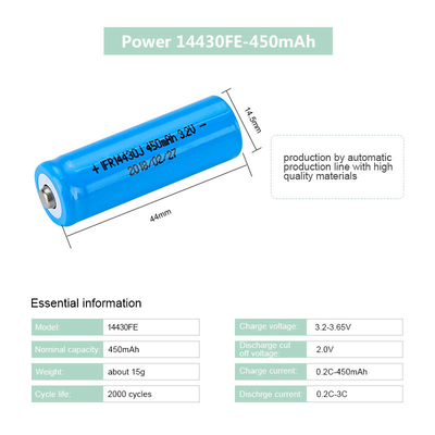 3.2v 450mAh 14430 LiFePO4 Battery Cells Rechargeable Lithium Battery