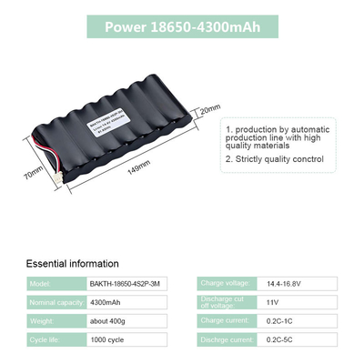 14.4V 4300mAh Rechargeable Li Ion Battery Pack 4S2P 62Wh With Connector